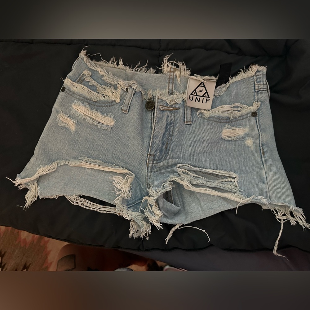 UNIF Light Blue Distressed Denim Jean Shorts